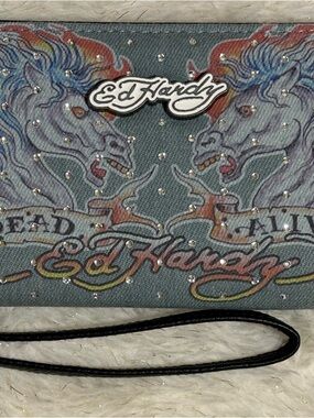 Ed Hardy Rhinestone “Dead or Alive” Denim Wallet/Wristlet